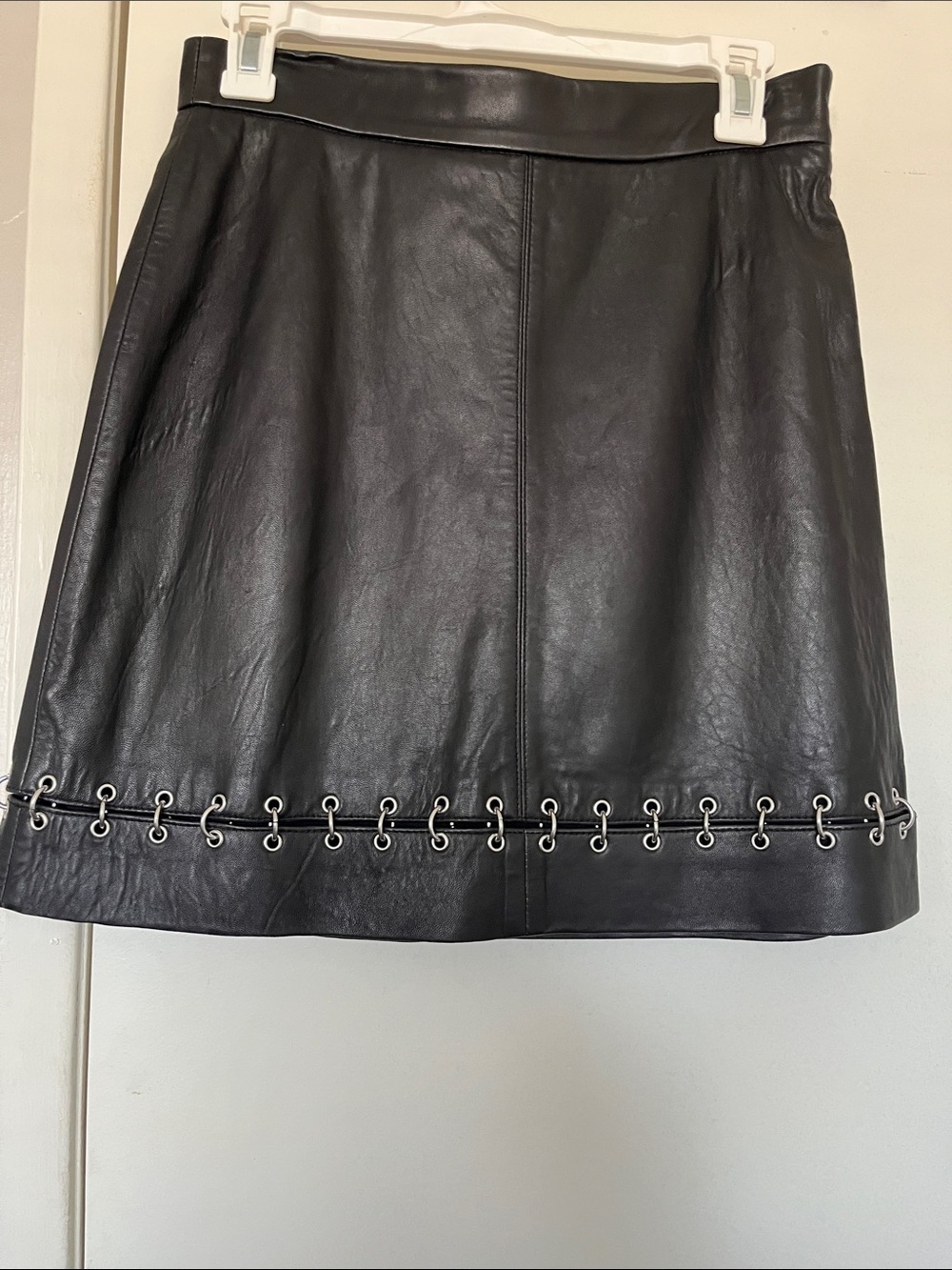 The kooples | Black Lambskin Leather Eyelet Hem A-Line Skirt